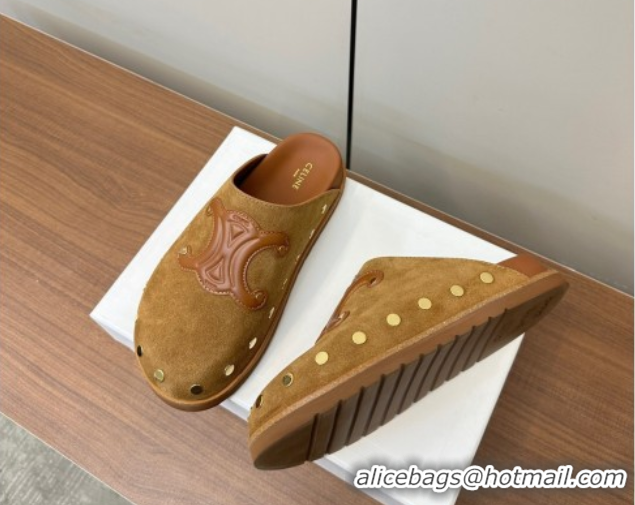 Grade Quality Celine Pitea Clog Mules in Suede and Studs Brown 0428109