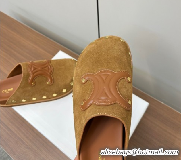Grade Quality Celine Pitea Clog Mules in Suede and Studs Brown 0428109