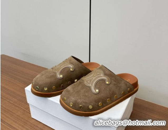 est Grade Celine Pitea Clog Mules in Suede and Studs Grey 0428110