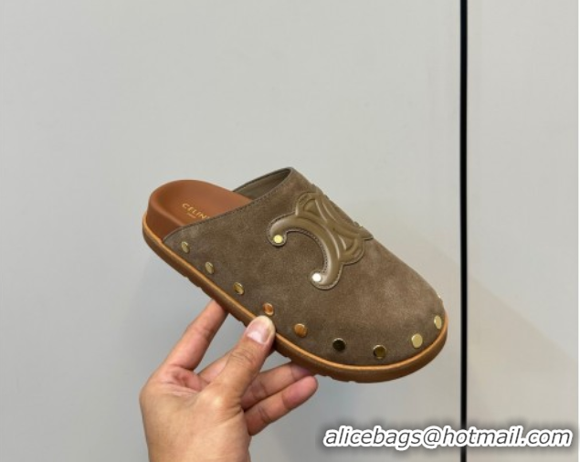 est Grade Celine Pitea Clog Mules in Suede and Studs Grey 0428110
