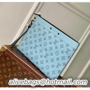 Good Taste Louis Vuitton Mens Pochette To-Go Pouch in Sand Grey Monogram Shadow Leather M14914 Sky Blue 2025