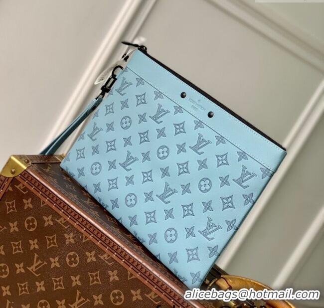 Good Taste Louis Vuitton Mens Pochette To-Go Pouch in Sand Grey Monogram Shadow Leather M14914 Sky Blue 2025