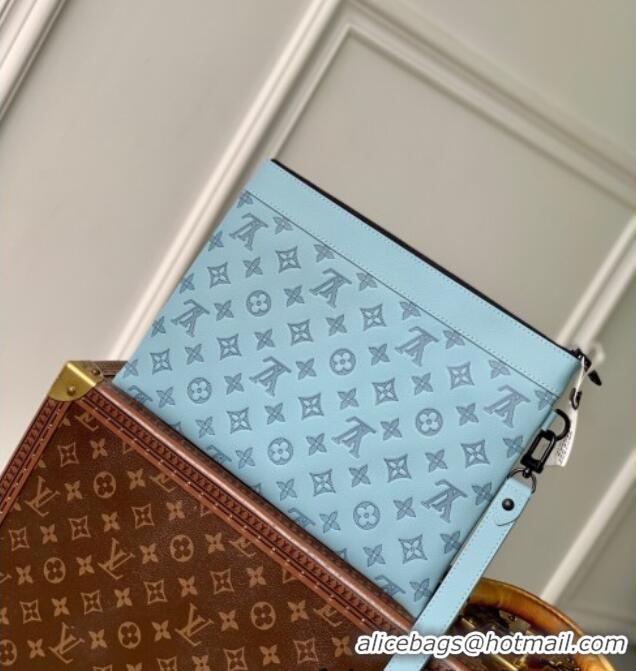 Good Taste Louis Vuitton Mens Pochette To-Go Pouch in Sand Grey Monogram Shadow Leather M14914 Sky Blue 2025