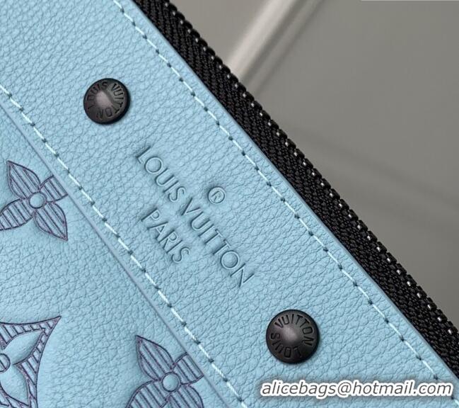 Good Taste Louis Vuitton Mens Pochette To-Go Pouch in Sand Grey Monogram Shadow Leather M14914 Sky Blue 2025
