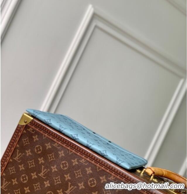 Good Taste Louis Vuitton Mens Pochette To-Go Pouch in Sand Grey Monogram Shadow Leather M14914 Sky Blue 2025