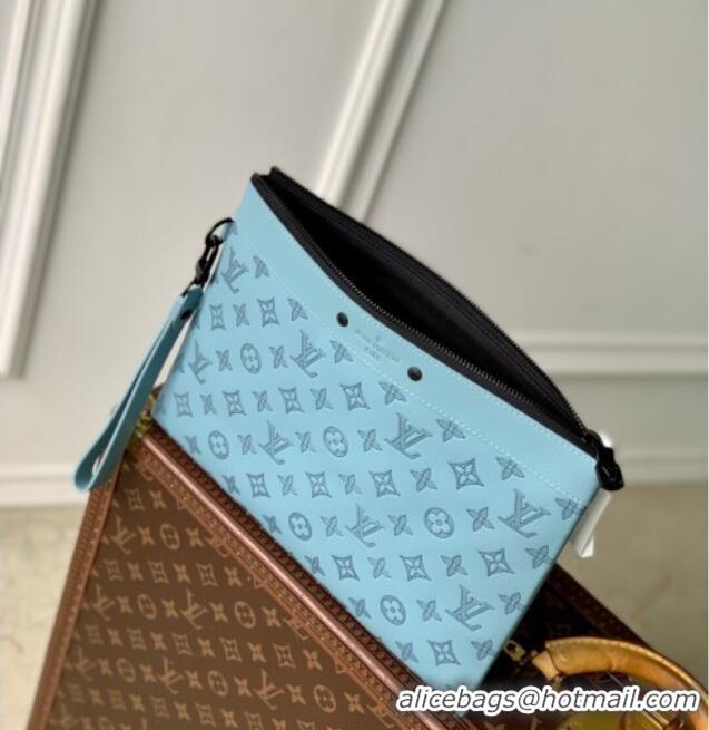 Good Taste Louis Vuitton Mens Pochette To-Go Pouch in Sand Grey Monogram Shadow Leather M14914 Sky Blue 2025