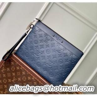 Reasonable Price Louis Vuitton Mens Pochette To-Go Pouch in Sand Grey Monogram Shadow Leather M14914 Navy Blue 2025