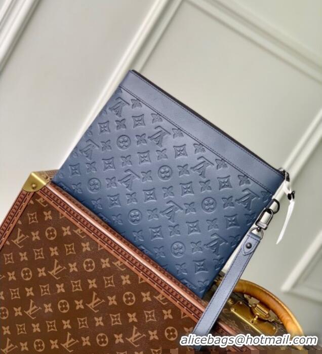Reasonable Price Louis Vuitton Mens Pochette To-Go Pouch in Sand Grey Monogram Shadow Leather M14914 Navy Blue 2025