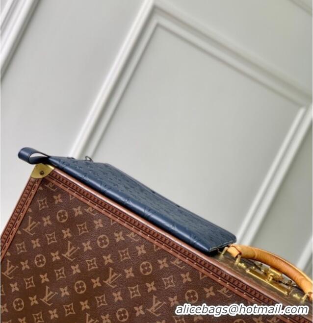 Reasonable Price Louis Vuitton Mens Pochette To-Go Pouch in Sand Grey Monogram Shadow Leather M14914 Navy Blue 2025