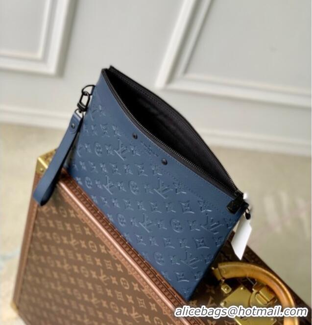 Reasonable Price Louis Vuitton Mens Pochette To-Go Pouch in Sand Grey Monogram Shadow Leather M14914 Navy Blue 2025