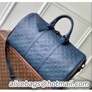 Free Shipping Grade Louis Vuitton Keepall Bandouliere 50 Travel Bag in Navy Blue Monogram Shadow Leather M14840 2025