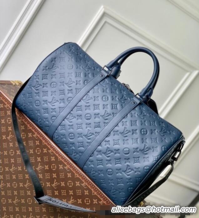 Free Shipping Grade Louis Vuitton Keepall Bandouliere 50 Travel Bag in Navy Blue Monogram Shadow Leather M14840 2025