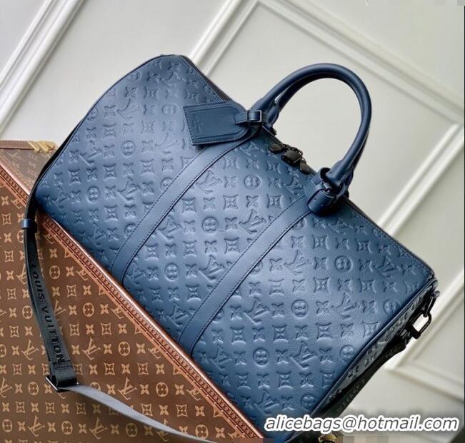 Free Shipping Grade Louis Vuitton Keepall Bandouliere 50 Travel Bag in Navy Blue Monogram Shadow Leather M14840 2025