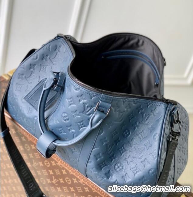 Free Shipping Grade Louis Vuitton Keepall Bandouliere 50 Travel Bag in Navy Blue Monogram Shadow Leather M14840 2025