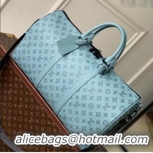 Shop Discount Louis Vuitton Keepall Bandouliere 50 Travel Bag in Sky Blue Monogram Shadow Leather M14842 2025