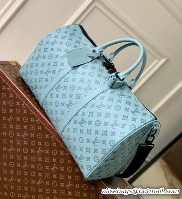Shop Discount Louis Vuitton Keepall Bandouliere 50 Travel Bag in Sky Blue Monogram Shadow Leather M14842 2025