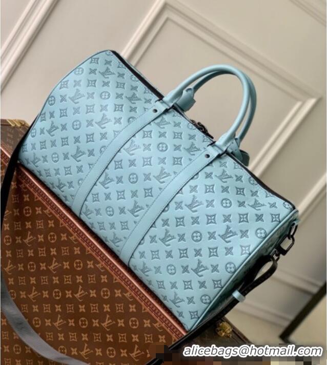 Shop Discount Louis Vuitton Keepall Bandouliere 50 Travel Bag in Sky Blue Monogram Shadow Leather M14842 2025