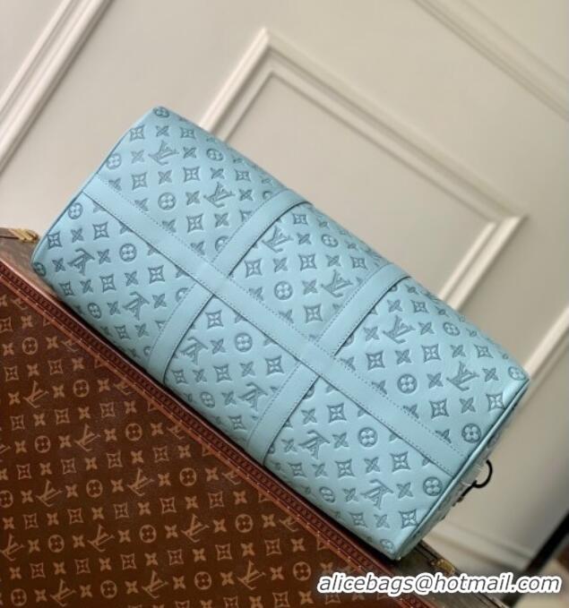 Shop Discount Louis Vuitton Keepall Bandouliere 50 Travel Bag in Sky Blue Monogram Shadow Leather M14842 2025