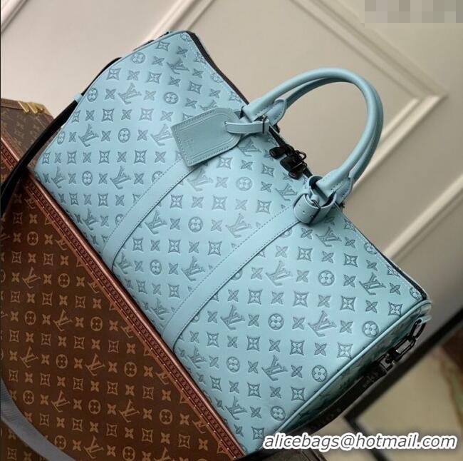 Shop Discount Louis Vuitton Keepall Bandouliere 50 Travel Bag in Sky Blue Monogram Shadow Leather M14842 2025