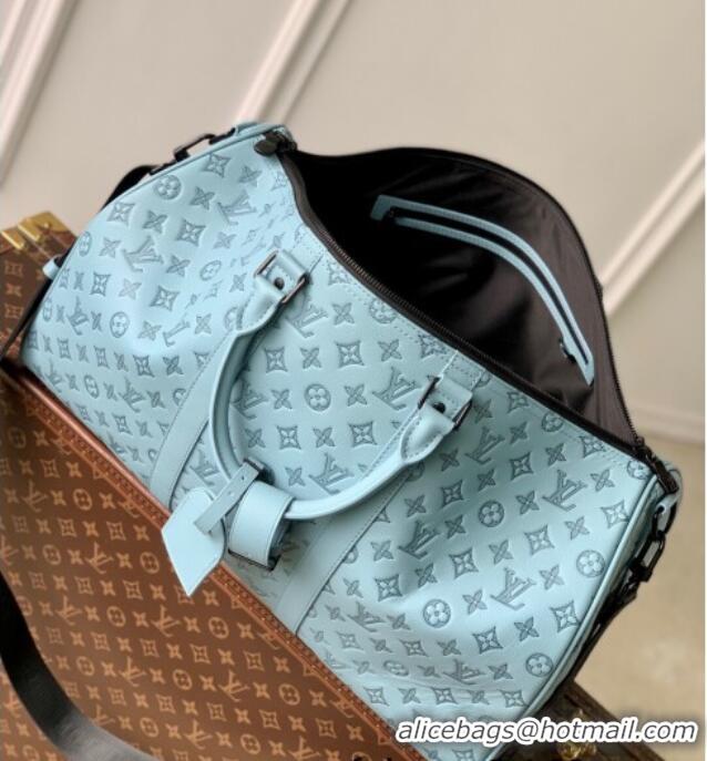 Shop Discount Louis Vuitton Keepall Bandouliere 50 Travel Bag in Sky Blue Monogram Shadow Leather M14842 2025