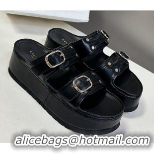 Grade Quality Celine Polly Wedge Platform Slides Sandal in Calfskin with Buckle Strap Black 0428117