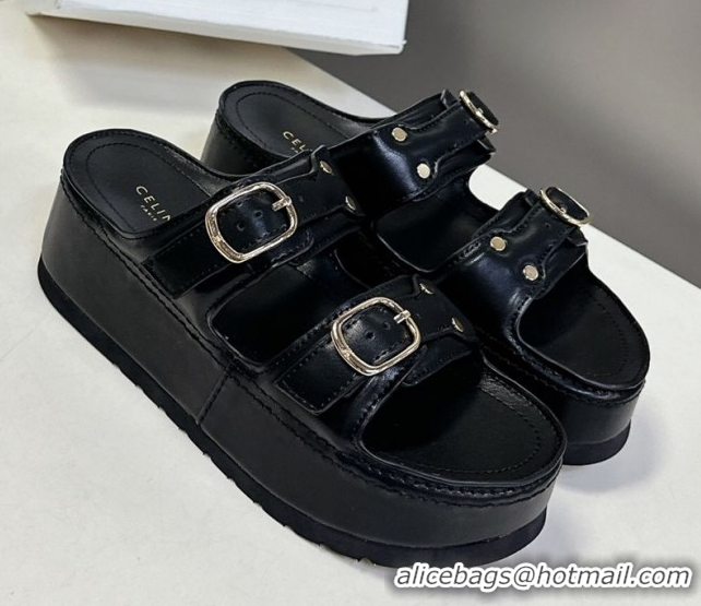 Grade Quality Celine Polly Wedge Platform Slides Sandal in Calfskin with Buckle Strap Black 0428117