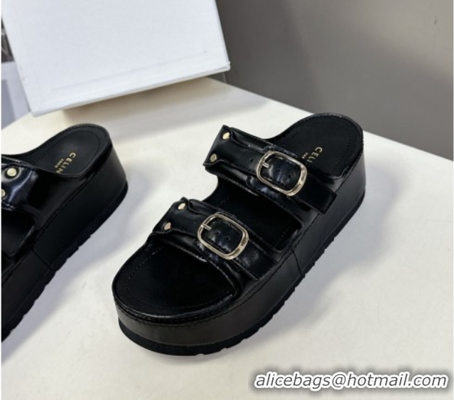 Grade Quality Celine Polly Wedge Platform Slides Sandal in Calfskin with Buckle Strap Black 0428117
