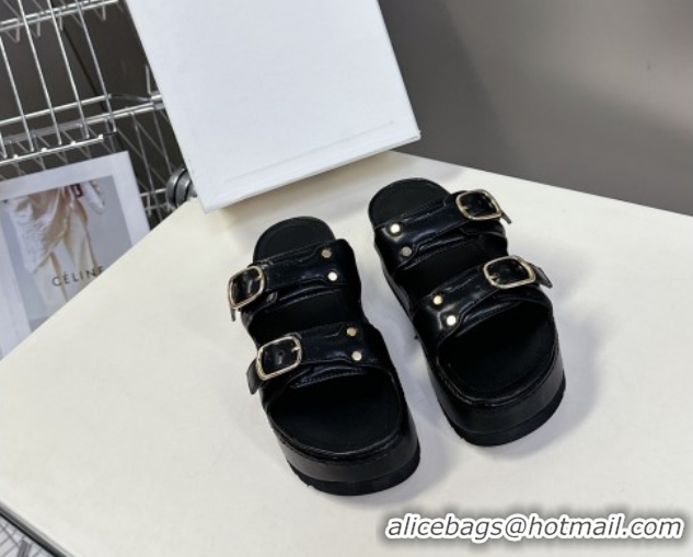 Grade Quality Celine Polly Wedge Platform Slides Sandal in Calfskin with Buckle Strap Black 0428117