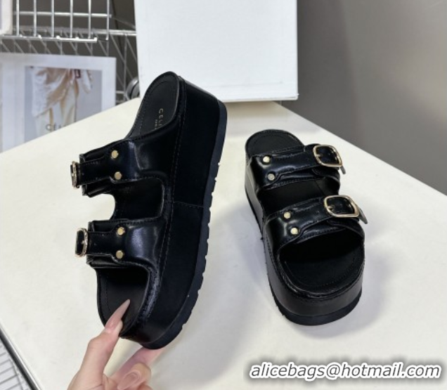 Grade Quality Celine Polly Wedge Platform Slides Sandal in Calfskin with Buckle Strap Black 0428117