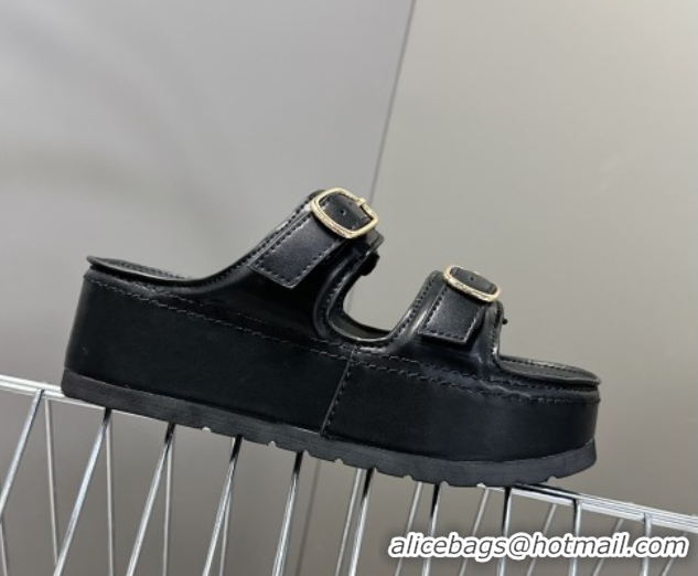 Grade Quality Celine Polly Wedge Platform Slides Sandal in Calfskin with Buckle Strap Black 0428117