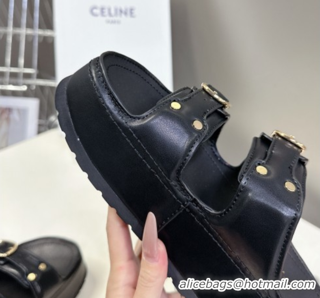Grade Quality Celine Polly Wedge Platform Slides Sandal in Calfskin with Buckle Strap Black 0428117