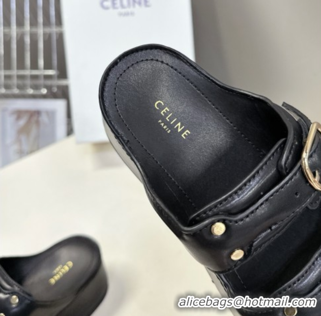 Grade Quality Celine Polly Wedge Platform Slides Sandal in Calfskin with Buckle Strap Black 0428117