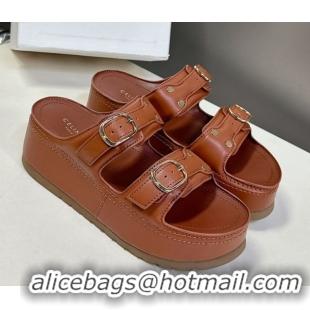 Good Quality Celine Polly Wedge Platform Slides Sandal in Calfskin with Buckle Strap Tan Brown 0428118