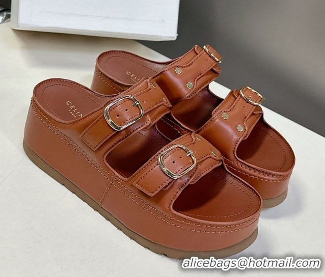 Good Quality Celine Polly Wedge Platform Slides Sandal in Calfskin with Buckle Strap Tan Brown 0428118