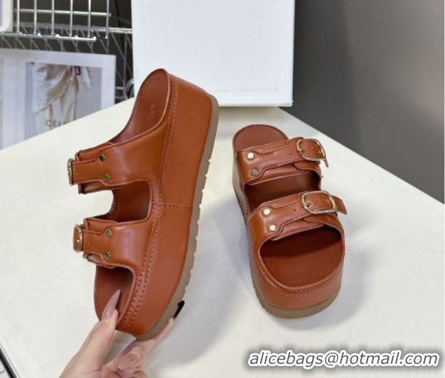 Good Quality Celine Polly Wedge Platform Slides Sandal in Calfskin with Buckle Strap Tan Brown 0428118