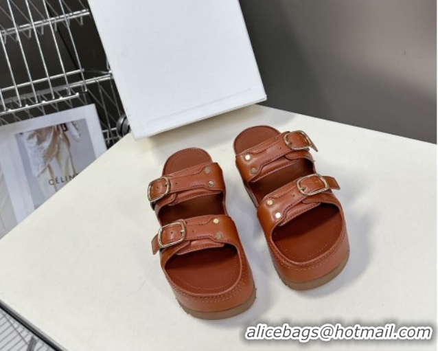 Good Quality Celine Polly Wedge Platform Slides Sandal in Calfskin with Buckle Strap Tan Brown 0428118