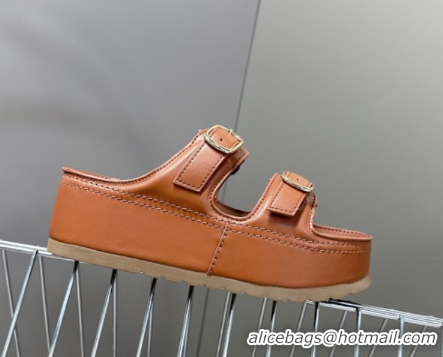 Good Quality Celine Polly Wedge Platform Slides Sandal in Calfskin with Buckle Strap Tan Brown 0428118