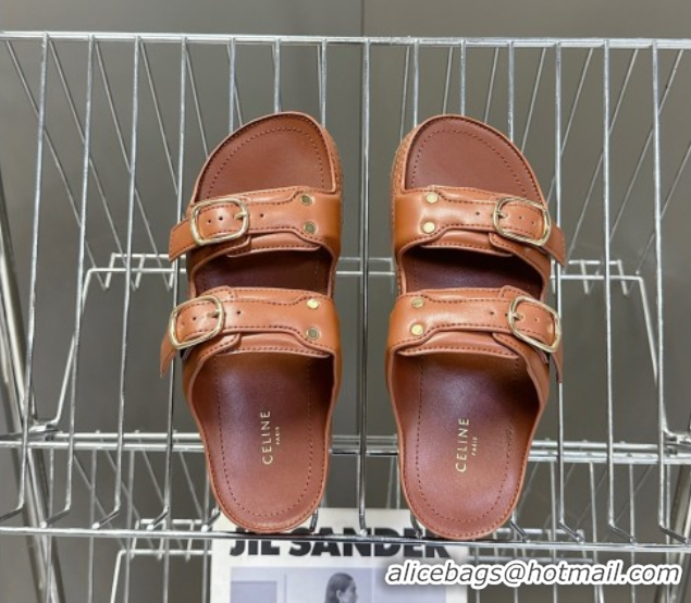 Good Quality Celine Polly Wedge Platform Slides Sandal in Calfskin with Buckle Strap Tan Brown 0428118