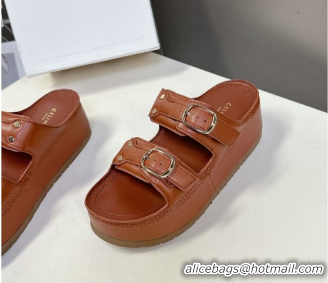 Good Quality Celine Polly Wedge Platform Slides Sandal in Calfskin with Buckle Strap Tan Brown 0428118