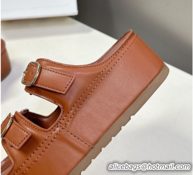 Good Quality Celine Polly Wedge Platform Slides Sandal in Calfskin with Buckle Strap Tan Brown 0428118