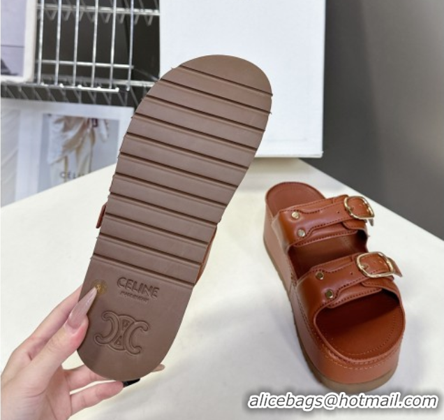 Good Quality Celine Polly Wedge Platform Slides Sandal in Calfskin with Buckle Strap Tan Brown 0428118