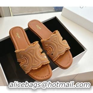 Low Cost Celine Marina Fringed Flat Slides Sandal in Cotton Canvas Brown 0428119