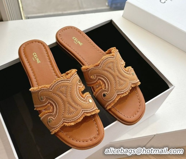 Low Cost Celine Marina Fringed Flat Slides Sandal in Cotton Canvas Brown 0428119
