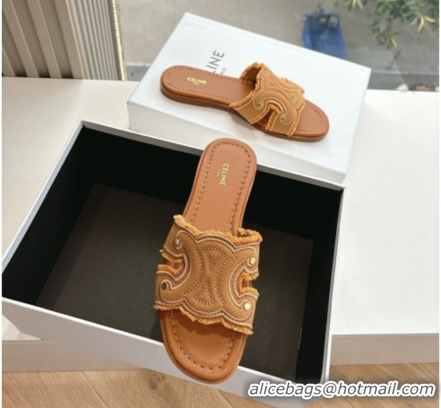 Low Cost Celine Marina Fringed Flat Slides Sandal in Cotton Canvas Brown 0428119