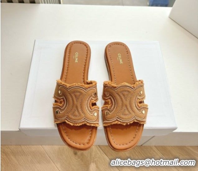 Low Cost Celine Marina Fringed Flat Slides Sandal in Cotton Canvas Brown 0428119