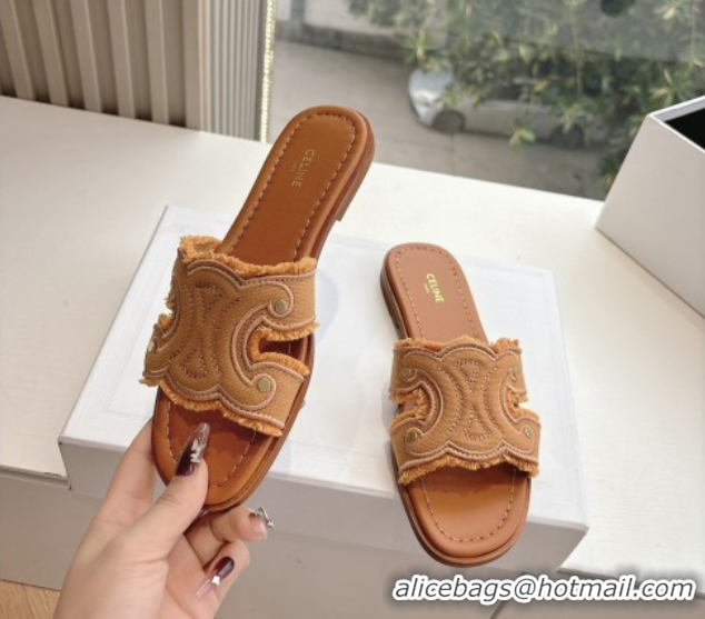 Low Cost Celine Marina Fringed Flat Slides Sandal in Cotton Canvas Brown 0428119