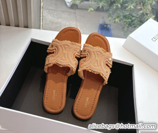 Low Cost Celine Marina Fringed Flat Slides Sandal in Cotton Canvas Brown 0428119