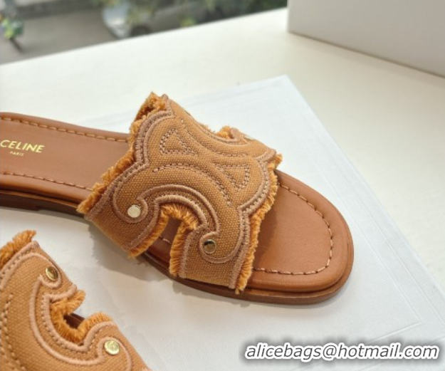 Low Cost Celine Marina Fringed Flat Slides Sandal in Cotton Canvas Brown 0428119