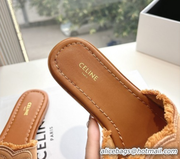 Low Cost Celine Marina Fringed Flat Slides Sandal in Cotton Canvas Brown 0428119