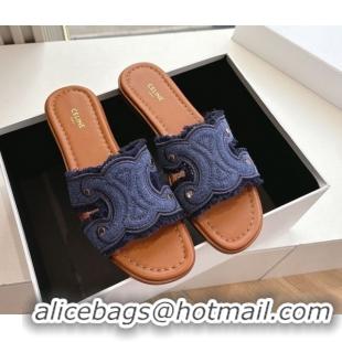 Best Grade Celine Marina Fringed Flat Slides Sandal in Blue Denim 0428120